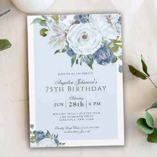 Invitation Elégante Florale Bleue et Blanche 75ème anniversai