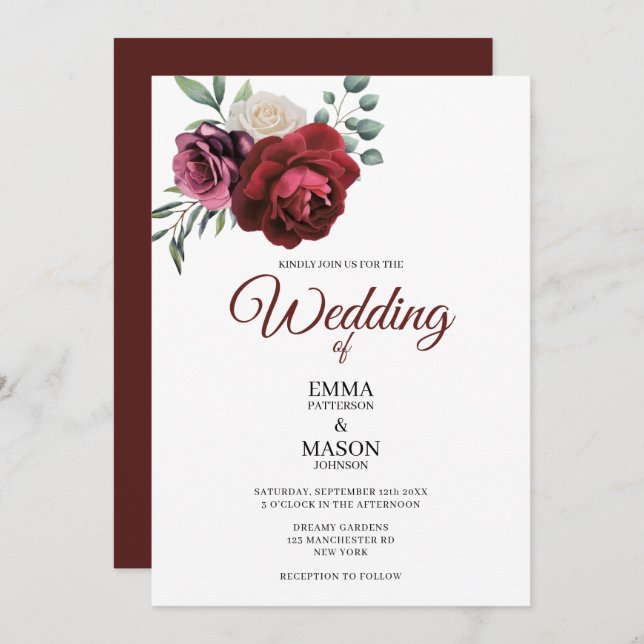 Invitation Élégante florale de Bourgogne (Devant / Derrière)