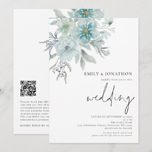 Invitation Élégante florale de fond de mer Turquoise QR Code