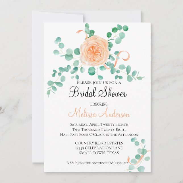 Invitation Élégante Florale de Pêche et de Verdure d'Eucalypt (Devant)