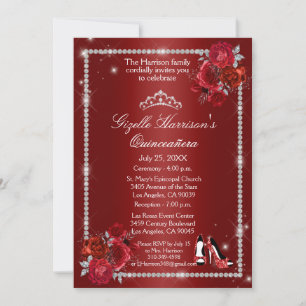 Invitation Élégante florale de Quinceanera rouge et d'argent