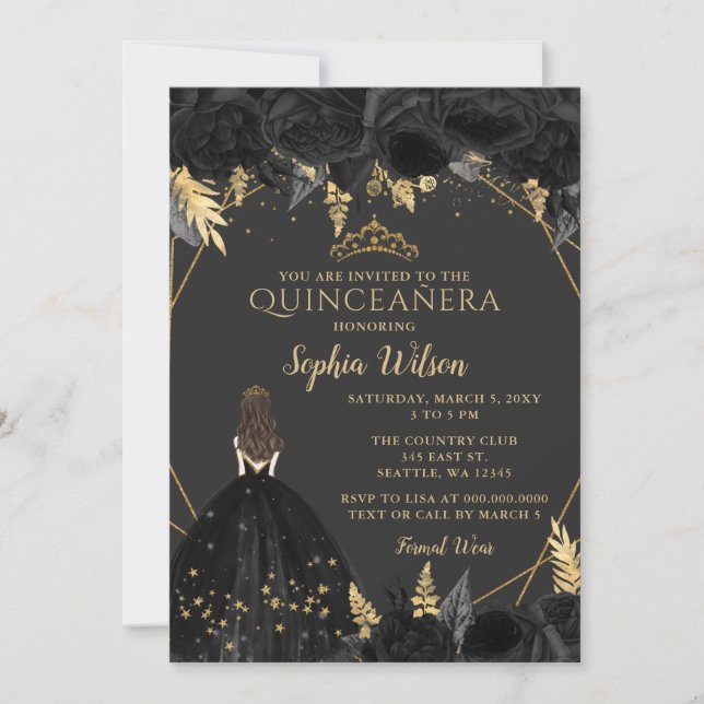 Invitation Elégante Florale d'or noir Quinceañera en (Devant)