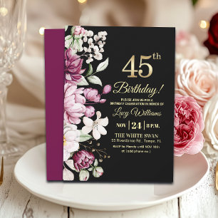 Invitation élégante florale dorée pour 45 ans