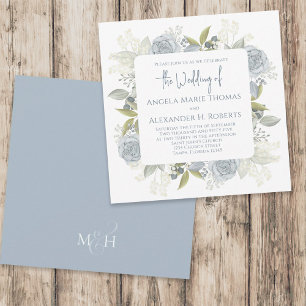 Invitation Elégante Florale Dusty Bleu Classique Fleurs Roses
