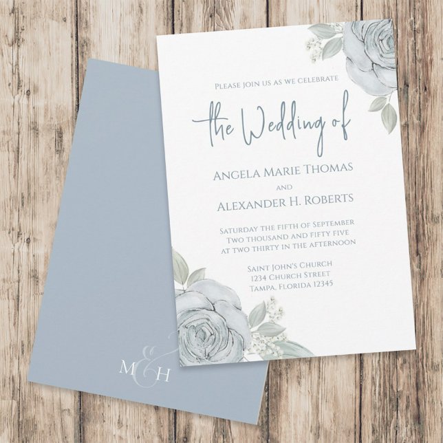 Invitation Elégante Florale Dusty Bleu Classique Fleurs Roses (Créateur téléchargé)