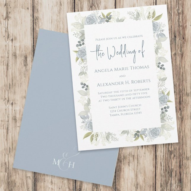 Invitation Elégante Florale Dusty Bleu Classique Fleurs Roses (Créateur téléchargé)