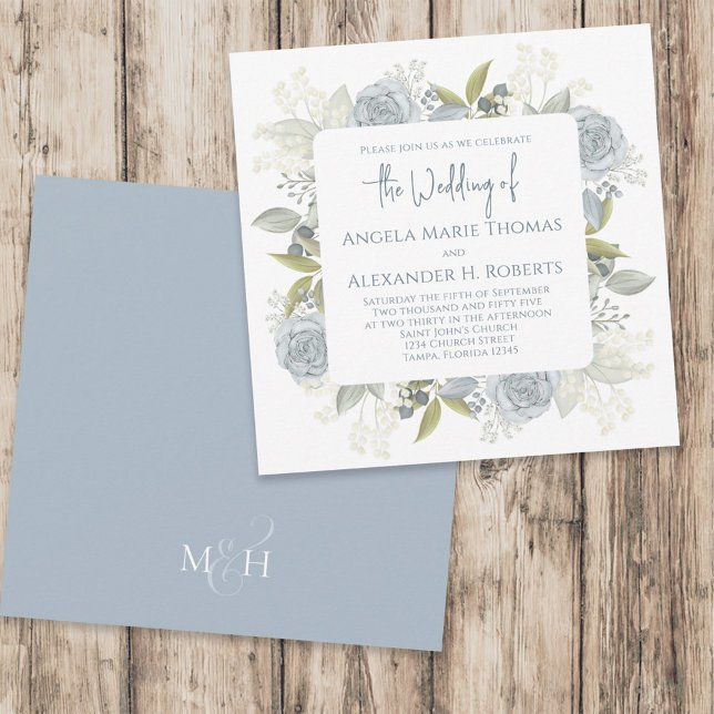 Invitation Elégante Florale Dusty Bleu Classique Fleurs Roses (Créateur téléchargé)