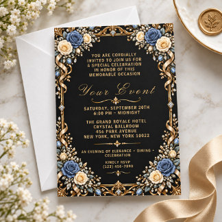 Invitation élégante florale noir or luxe royal