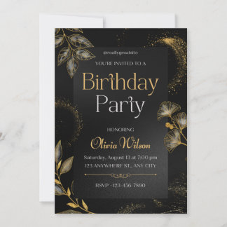 Invitation élégante florale noire et or pour fête
