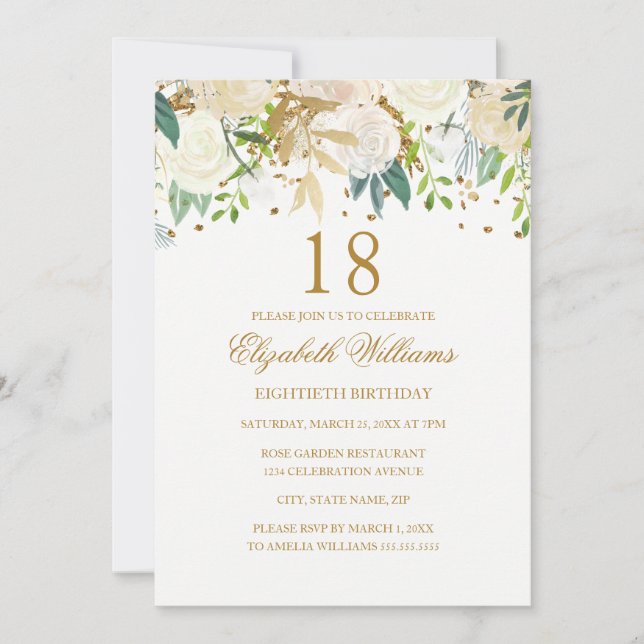 Invitation élégante florale or pour 18e anniversai (Devant)