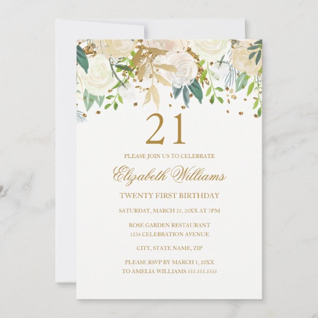 Invitation élégante florale or pour 21e anniversai (Devant)