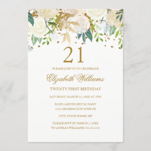 Invitation élégante florale or pour 21e anniversai