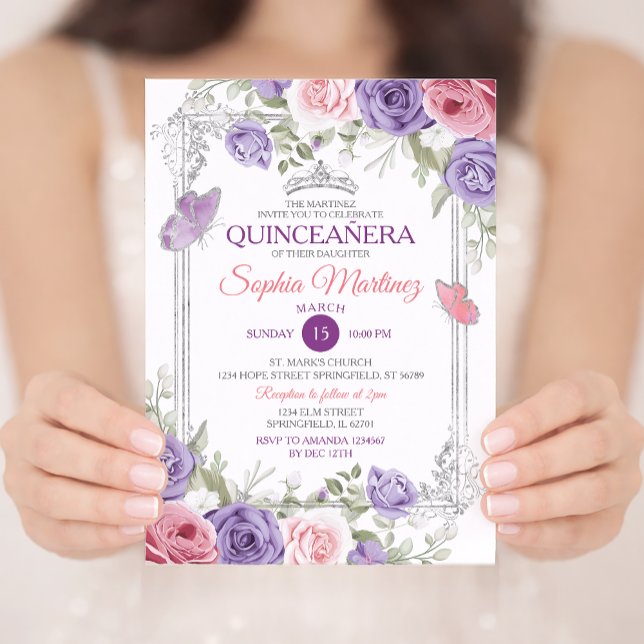 Invitation Élégante Florale Rose Argent Purple Girl Quinceañe (Créateur téléchargé)