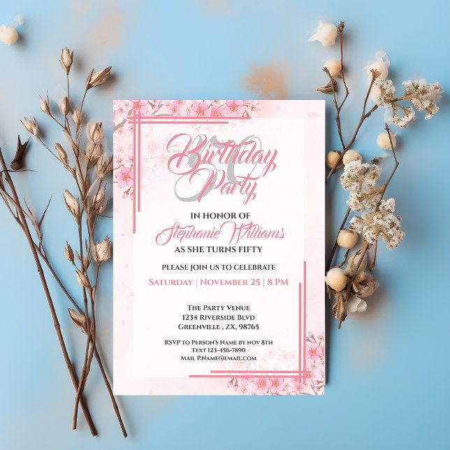 Invitation Élégante florale rose femme 50e anniversaire (Créateur téléchargé)