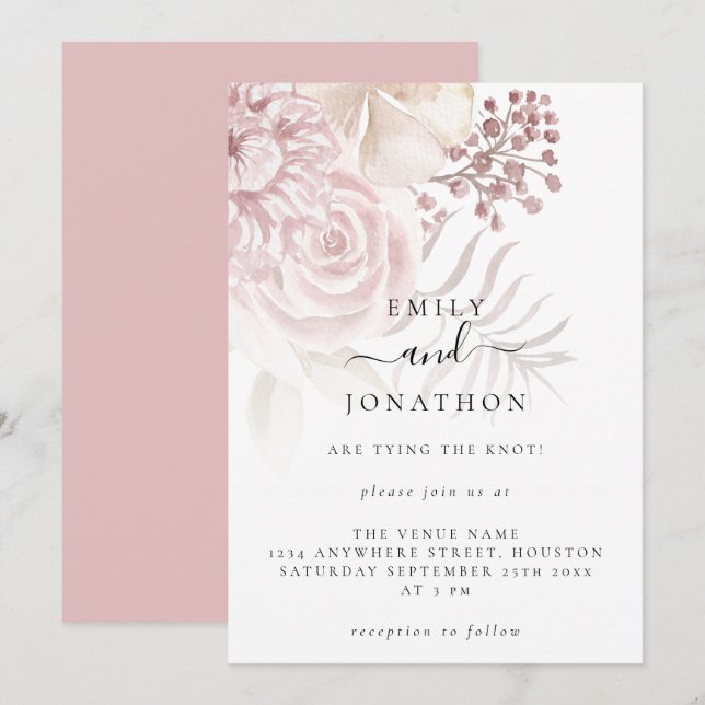 Invitation Élégante florale rose poussiéreuse Mariage de scri (Devant / Derrière)