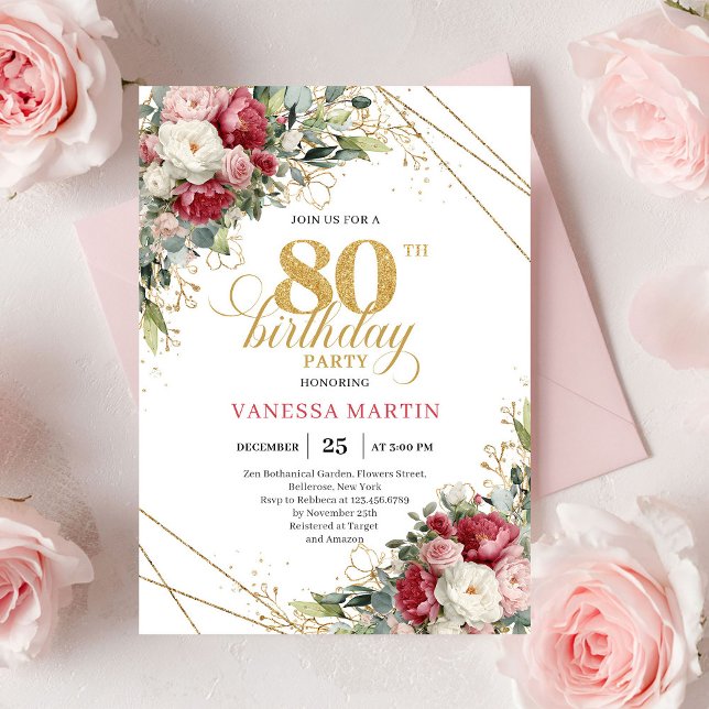 Invitation élégante florale rouge bordeaux pour 80 (Burgundy blush floral elegant gold design 80 birthday invitation

)