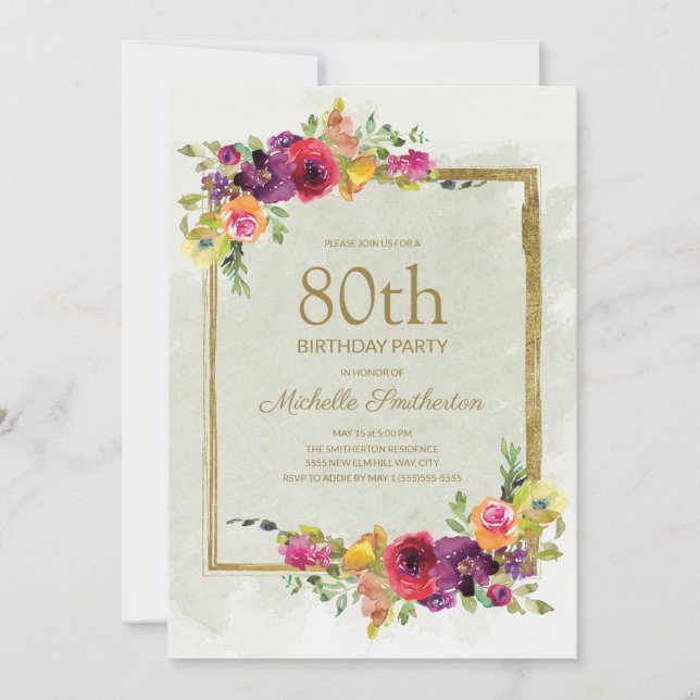 Invitation Elégante florale Vintage femme 80e anniversaire (Devant)