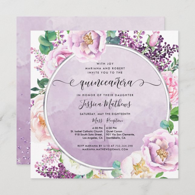 Invitation Élégante florale violette, aquarelle Quinceañera (Devant / Derrière)