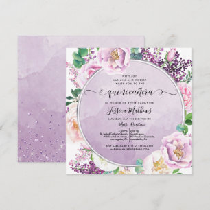 Invitation Élégante florale violette, aquarelle Quinceañera