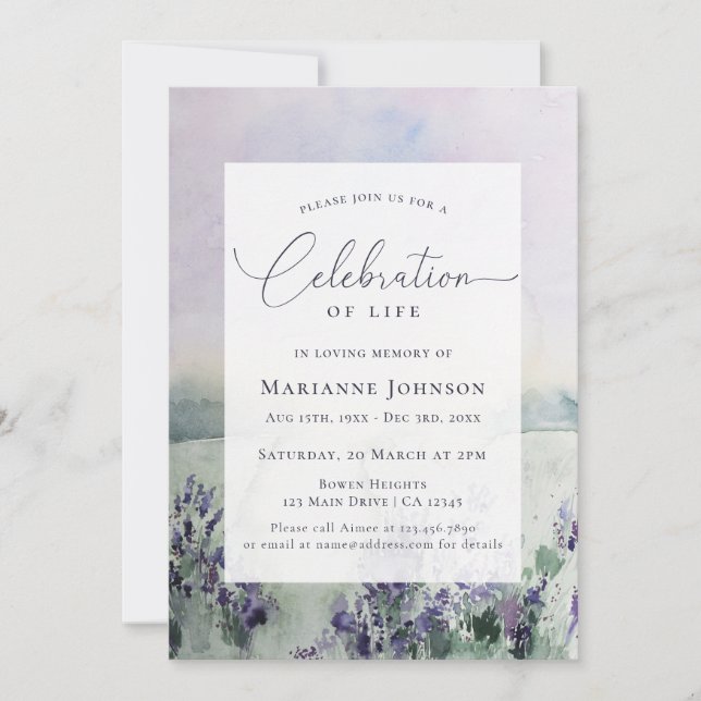 Invitation Élégante florale violette Célébration de la vie (Devant)