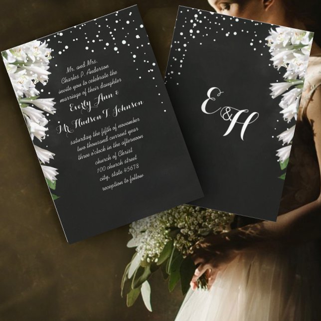 Invitation Élégante flore blanche sur mariage noir (Créateur téléchargé)