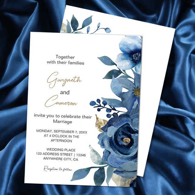 Invitation Élégante flore bleue glacée d'hiver (Elegant Ice Blue Winter Floral Invitation #navyblue #elegantnavybluegold #blueandgold #zazzlemade)