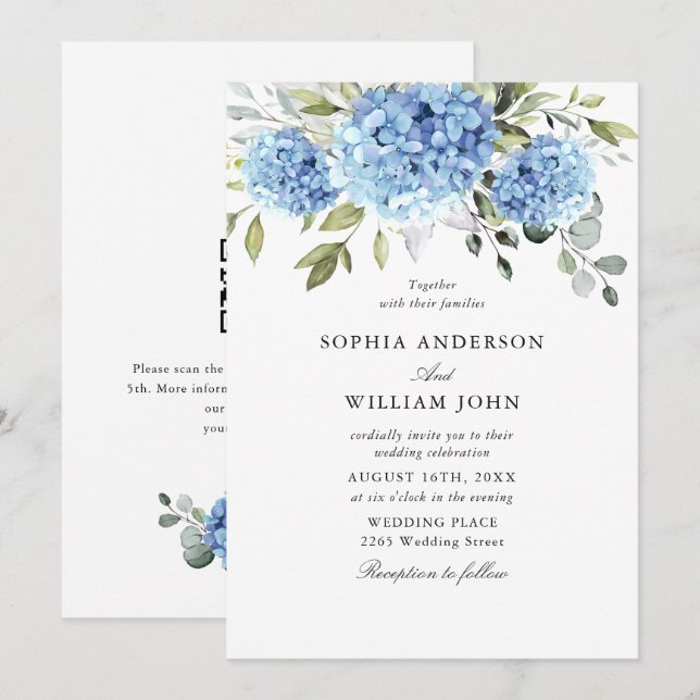 Invitation Élégante flore de mariage à l'aquarelle bleue d'ho (Devant / Derrière)
