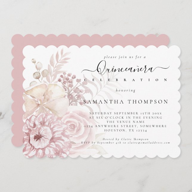 Invitation Elégante Flore rose Dusty Quinceañera (Devant / Derrière)