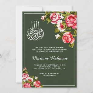 Invitation Elégante Forêt Florale Green Baby Girl Aqiqah