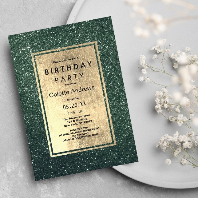 Invitation Elégante forêt parties scintillant d'or vert de la (Elegant forest green gold glitter Birthday Party )