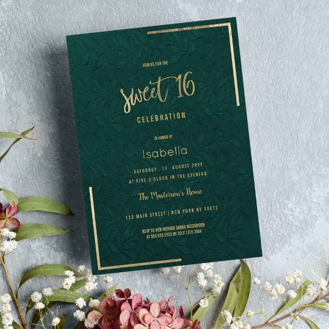 Invitation Elégante forêt vert or dentelle fleurie Sweet 16 (Elegant forest green gold floral lace Sweet 16 Invitation )