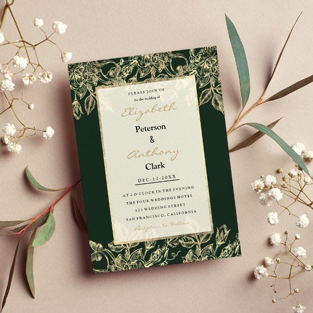 Invitation Elégante forêt vert or luxueux Mariage floral (Elegant forest green gold luxury floral Wedding )