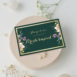 Invitation Élégante forêt vert or rose floral Bridesmaid