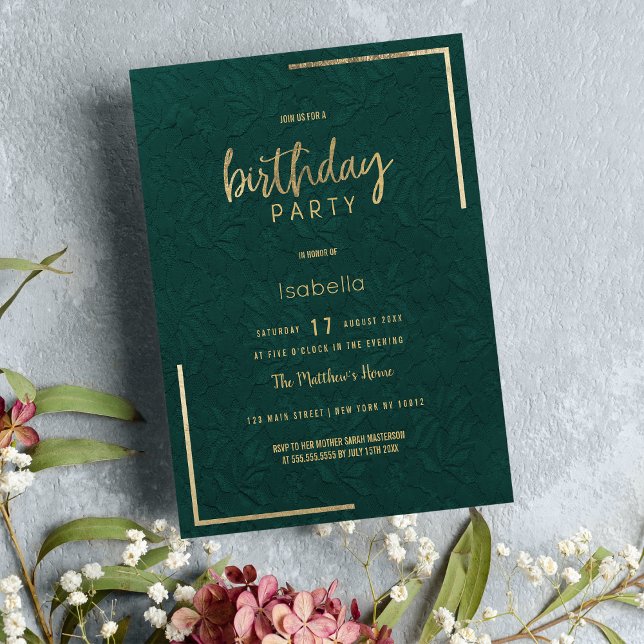 Invitation Elégante forêt verte or vert dentelle florale Anni (Elegant forest green gold floral lace Birthday)