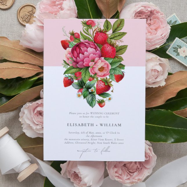 Invitation Elégante fraise et pivoines Mariage d'été (Créateur téléchargé)
