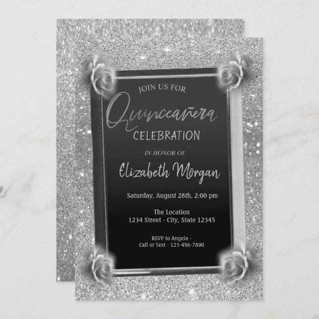 Invitation Elégante Frame Fleurs Argent, Rose Quinceañera (Devant / Derrière)