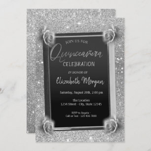 Invitation Elégante Frame Fleurs Argent, Rose Quinceañera