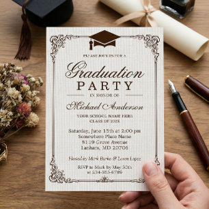 Invitation Élégante Frame Ivory Linen Partie de Graduation