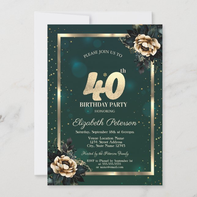 Invitation Elégante Frame Or Flower Stars Green 40th (Devant)