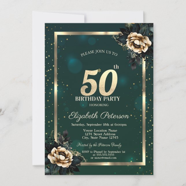Invitation Elégante Frame Or Flower Stars Green 50th (Devant)