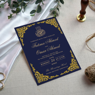 Invitation Elégante Frontière d'or Marine Mariage musulman is