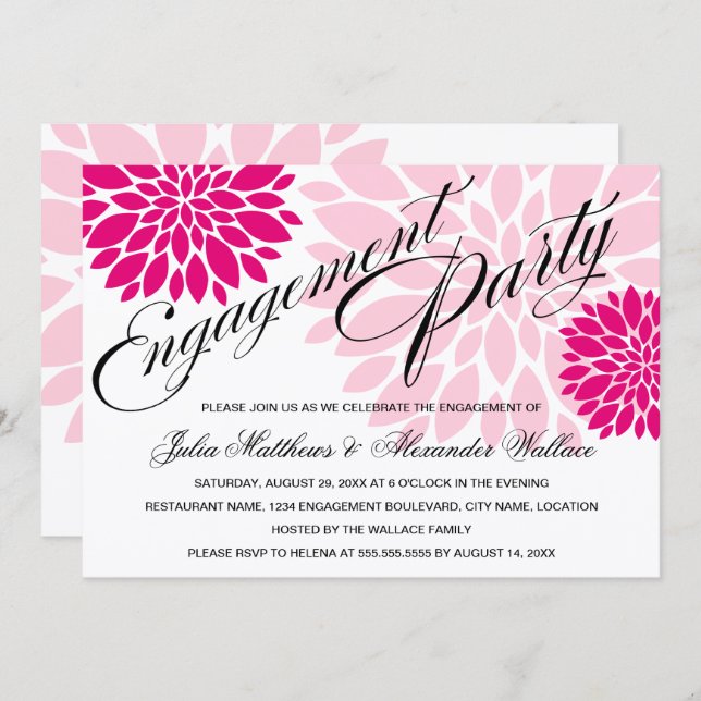 Invitation Élégante Fuchsia Pink Floral Burst Party (Devant / Derrière)