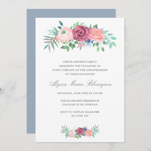 Invitation Élégante Garland rose Fleur fille Annaprashan (Devant / Derrière)