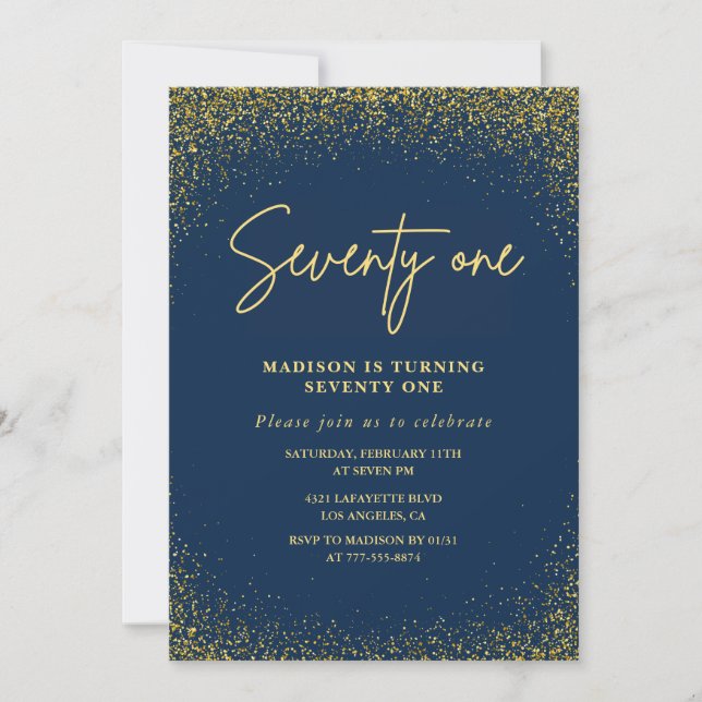 Invitation Elégante Glam Navy Gold Parties scintillant 71e an (Devant)