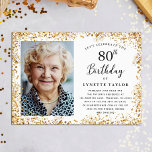 Invitation Elégante Gold 80th Birthday Party<br><div class="desc">Cette 80e invitation de fête d'anniversaire est parfaite pour tous ceux qui veulent trinquer à 80 ans et encore fabuleux ! Le design comprend une bordure de parties scintillant dorée glamour et une élégante typographie manuscrite. Téléchargez facilement votre propre photo et modifiez tous les détails en utilisant le modèle fourni....</div>