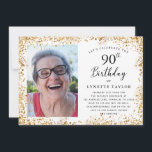 Invitation Elégante Gold 90th Birthday Party<br><div class="desc">Cette élégante invitation 90th Birthday Party est parfaite pour tous ceux qui cherchent à trinquer à être 90 et encore fabuleux! Le design comprend une bordure de parties scintillant dorée glamour et une élégante typographie manuscrite. Téléchargez facilement votre propre photo et modifiez tous les détails en utilisant le modèle fourni....</div>