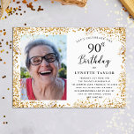 Invitation Elégante Gold 90th Birthday Party<br><div class="desc">Cette élégante invitation 90th Birthday Party est parfaite pour tous ceux qui cherchent à trinquer à être 90 et encore fabuleux! Le design comprend une bordure de parties scintillant dorée glamour et une élégante typographie manuscrite. Téléchargez facilement votre propre photo et modifiez tous les détails en utilisant le modèle fourni....</div>