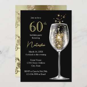 Invitation Elégante Gold Black Damask 60e fête d'anniversaire