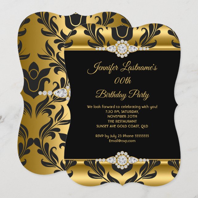 Invitation Elégante Gold Black Damask Diamond Anniversaire Pa (Devant / Derrière)