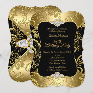 Invitation Elégante Gold Black Damask floral fête d'anniversa